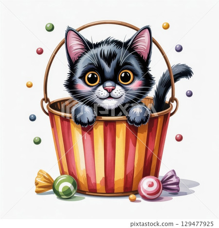Cute Black Kitten Sitting in Colorful Striped Bucket Surrounded by Candies 129477925