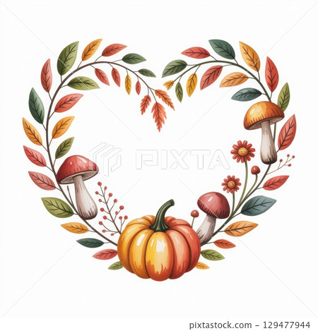 Charming Watercolor Illustration Featuring Autumn Leaves, Mushrooms, and a Pumpkin in a Heart Shape Design 129477944