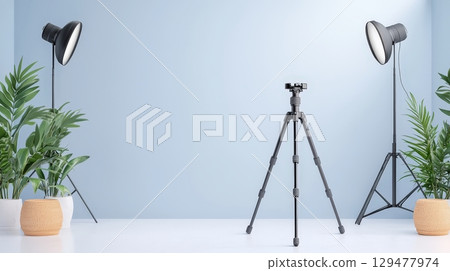 Home photo studio setup with tripod and lighting 129477974