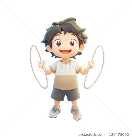 Joyful 3d cartoon boy playing with jump rope 129478000