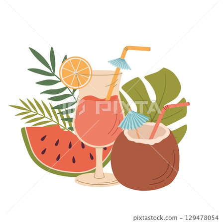 Coconut cocktail, juice glass and watermelon with tropical leaves vector illustration. Cartoon summer drink and fruits on white background Healthy cold vegan beverage Coconut cocktail, juice glass and watermelon with tropical leaves vector illustration. Cartoon summer drink and fruits on white background Healthy cold vegan beverage 129478054