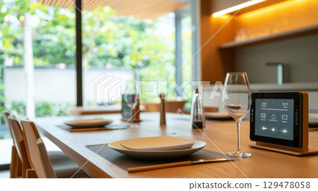 Modern smart home dining room minimalist table setting with control panel 129478058