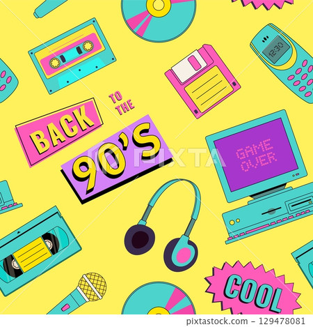 Nostalgia for 90s items seamless pattern. Retro music festival. Vintage old pc, cassette, player. Pop art wallpapers, textile and wrapping print Nostalgia for 90s items seamless pattern. Retro music festival. Vintage old pc, cassette, player. Pop art wallpapers, textile and wrapping print 129478081
