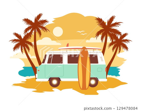 Vintage summer surf poster with a mini van vector illustration. Summertime, Beach vacation, water activity. T-shirt print Vintage summer surf poster with a mini van vector illustration. Summertime, Beach vacation, water activity. T-shirt print 129478084