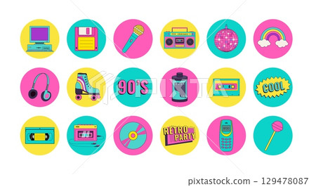 Set of 90s retro device icons in modern pop style. Vintage audio player, cassette, old pc, floppy disk, phone vector illustration. Nostalgia for 1990s 129478087