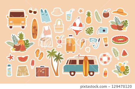 Retro summer holiday stickers for daily planner, scarpbooking. Cartoon vector illustration. Beach activity, swimwear, ice cream, van, fruits, drink 129478120
