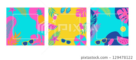 Set of summer sale background with square frame. Abstract shapes, tropical leaves fruits and drink, sunglasses, ice cream vector illustration Set of summer sale background with square frame. Abstract shapes, tropical leaves fruits and drink, sunglasses, ice cream vector illustration 129478122