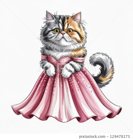 Charming Watercolor Illustration of a Cat in a Fancy Dress Exuding Cuteness and Elegance 129478173