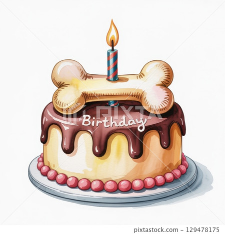 Adorable Watercolor Illustration of a Birthday Cake Topped With a Dog Bone Candle and Sweet Decorations 129478175