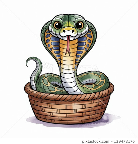 Colorful Watercolor Illustration of a Playful Snake in a Basket With Intricate Details and Textures 129478176