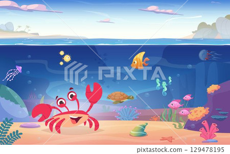 Underwater life. Cartoon crab in ocean background exact vector cute template Underwater life. Cartoon crab in ocean background exact vector cute template 129478195