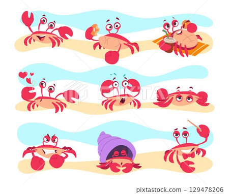 Cute crab. Ocean character in different poses and various emotions exact vector crab mascot 129478206