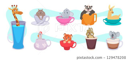 Animals in mug. Cartoon animals sitting in teacups exact vector cute characters 129478208