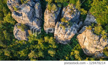 Aerial View of Beautiful Czech Rocks in the Forest, Central Europe. Summer Nature Landscape. Aerial View of Beautiful Czech Rocks in the Forest, Central Europe. Summer Nature Landscape. 129478214