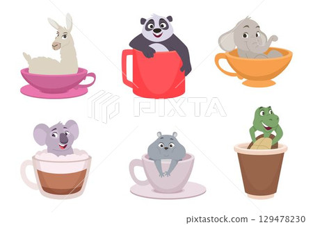 Animals in cups. Funny cartoon cute animals sitting in big teacup or mugs exact vector childish concept illustration Animals in cups. Funny cartoon cute animals sitting in big teacup or mugs exact vector childish concept illustration 129478230