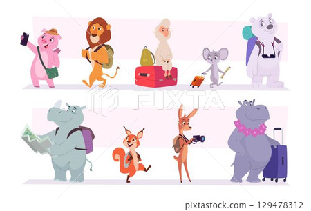 Animal travelling. Animal kids walking and riding on the different sides of world exact vector cartoon illustrations of worlwide travelers Animal travelling. Animal kids walking and riding on the different sides of world exact vector cartoon illustrations of worlwide travelers 129478312