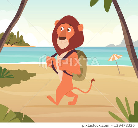 Lion traveller. wild cartoon animal lion walking on beach with backpack Lion traveller. wild cartoon animal lion walking on beach with backpack 129478326