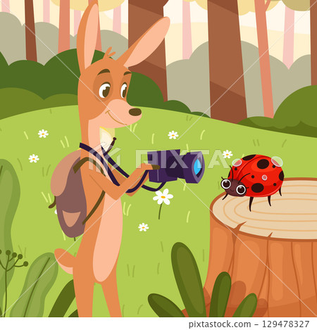 Deer. cartoon wild animal exploring forest deer photographer taking pictures of wild forest 129478327