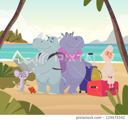 Animal travellers. wild cartoon animals standing on beach 129478342
