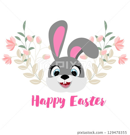 Happy Easter. Easter bunny and pink flowers on white background. For banners, cards, social networks. Vector 129478355