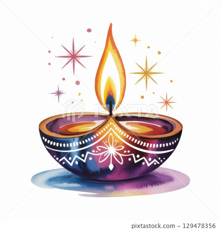 Vibrant Watercolor Illustration of a Traditional Diya Lamp With Intricate Details and Colorful Accents Vibrant Watercolor Illustration of a Traditional Diya Lamp With Intricate Details and Colorful Accents 129478356