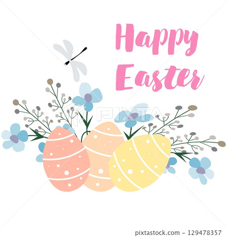 Happy Easter. Easter eggs and blue flowers on a white background. For banners, cards, social networks. Vector 129478357