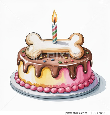 Whimsical Watercolor Illustration of a Dog's Birthday Cake Topped With a Candle and Decorative Bones 129478360