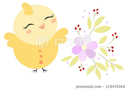 Happy Easter. Happy chick and flowers on white background. For banners, cards, social networks. Vector Happy Easter. Happy chick and flowers on white background. For banners, cards, social networks. Vector 129478369