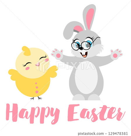 Happy Easter. Easter bunny in glasses and funny chick on white background. For banners, cards, social networks. Vector Happy Easter. Easter bunny in glasses and funny chick on white background. For banners, cards, social networks. Vector 129478381