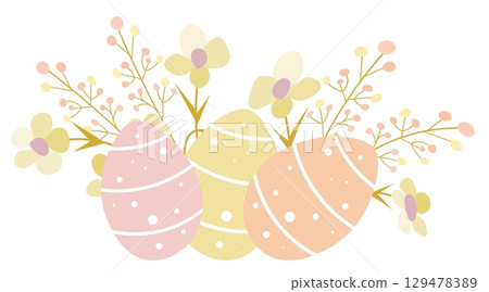 Happy Easter. Easter eggs and flowers on a white background. For banners, cards, social networks. Vector Happy Easter. Easter eggs and flowers on a white background. For banners, cards, social networks. Vector 129478389