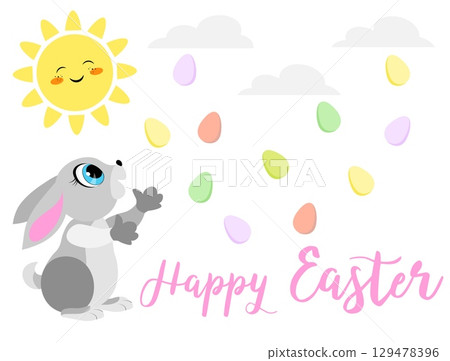 Happy Easter. Easter eggs, Easter bunny, sun and Happy Easter inscription. For banners, cards, social networks. Vector Happy Easter. Easter eggs, Easter bunny, sun and Happy Easter inscription. For banners, cards, social networks. Vector 129478396
