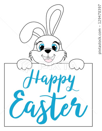 Happy Easter. White Easter bunny and Happy Easter sign. For banners, cards, social networks. Vector 129478397