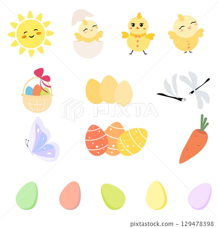 Happy Easter. Set of Easter elements: sun, chickens, eggs, butterfly on a white background. For banners, cards, social networks. Vector 129478398