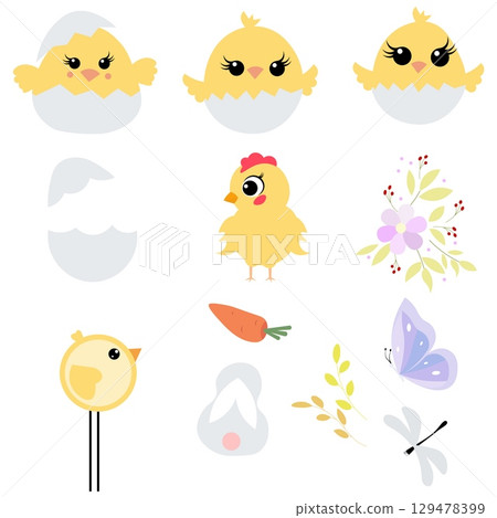 Happy Easter. Set of Easter elements: chickens, eggs, eggshells, butterfly, flowers on a white background. For banners, cards, social networks. Vector Happy Easter. Set of Easter elements: chickens, eggs, eggshells, butterfly, flowers on a white background. For banners, cards, social networks. Vector 129478399