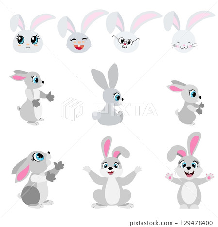 Cute animals. Set of cute cartoon rabbits. Cute rabbits in different poses. For banners, cards, social networks. Vector 129478400