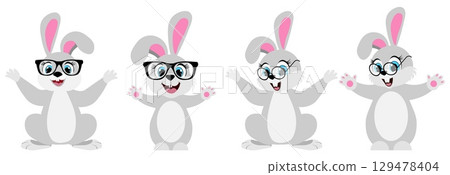 Cute animals. Set of cute cartoon rabbits. A cheerful gray rabbit in glasses sits in different poses. For banners, cards, social networks. Vector Cute animals. Set of cute cartoon rabbits. A cheerful gray rabbit in glasses sits in different poses. For banners, cards, social networks. Vector 129478404