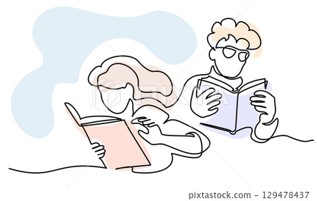 Back to school concept. Students girl and boy reading books. 129478437