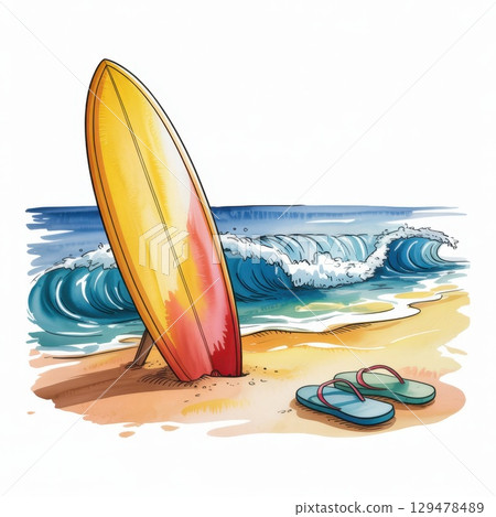 Surfer's Paradise With Vibrant Surfboard and Sandals on Sandy Beach Shore 129478489