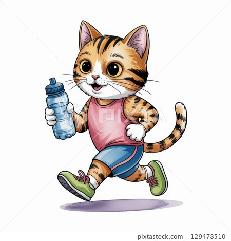 Cute Watercolor Illustration of a Playful Cat Jogging With a Water Bottle in Vibrant Athletic Gear 129478510