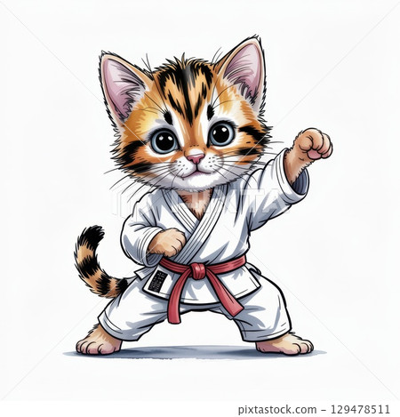 Cute Watercolor Illustration of a Kitten Practicing Martial Arts in a Dojo Setting 129478511
