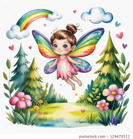 Magical Fairy With Colorful Wings Flying Over a Vibrant Garden With Flowers and a Rainbow in the Background 129478512