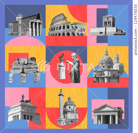 Rome famous landmarks collage. The modern art design from best views of Rome, Italy, Europe. 129478838