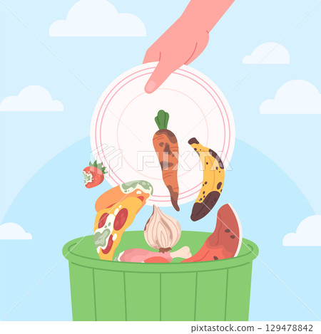 Hand throw food in container. Products with mildew, spoiled meal. Organic waste and compost objects, unwise use of resources, racy vector concept 129478842