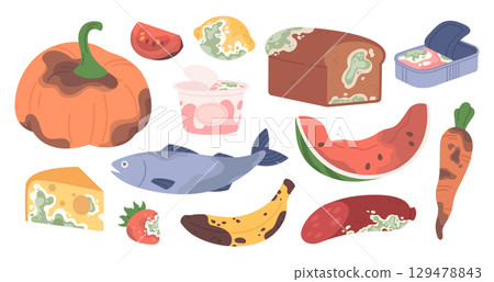 Damaged food. Cartoon expired products, organic garbage ingredients. Rotting vegetables and fruits, dairy, cheese and preserves with mildew. Racy vector set 129478843
