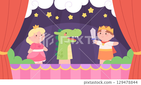 Finger dolls theater. Soft puppets on hands on stage, children fairy tale scene with prince with sword, princess and dragon. Performance racy vector concept 129478844
