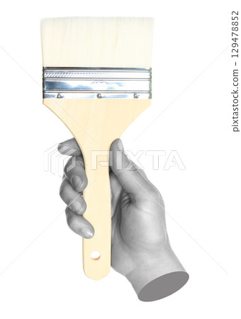Woman hand holds paint brush, isolated on transparent background, painting and design concept. Contemporary art 129478852