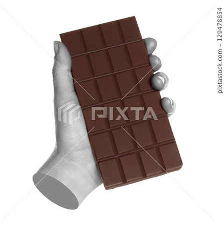 Woman hand holds chocolate bar, isolated on transparent background, sweet food concept. Contemporary art Woman hand holds chocolate bar, isolated on transparent background, sweet food concept. Contemporary art 129478854