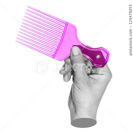Woman hand holds comb, isolated on transparent background, visage concept. Contemporary art 129478855