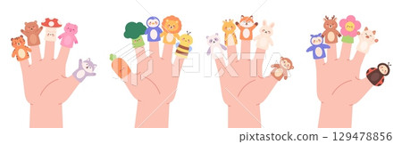 Finger puppets. Cute toys on children hand fingers for entertainment. Funny bear, tiger, fox, bunny bee deer flower. Marionettes for childish theater, racy vector set Finger puppets. Cute toys on children hand fingers for entertainment. Funny bear, tiger, fox, bunny bee deer flower. Marionettes for childish theater, racy vector set 129478856