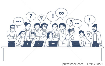 Students work in group. Young adults or teens working with laptop. University school college project doing together. Teamwork, recent vector scene 129478859
